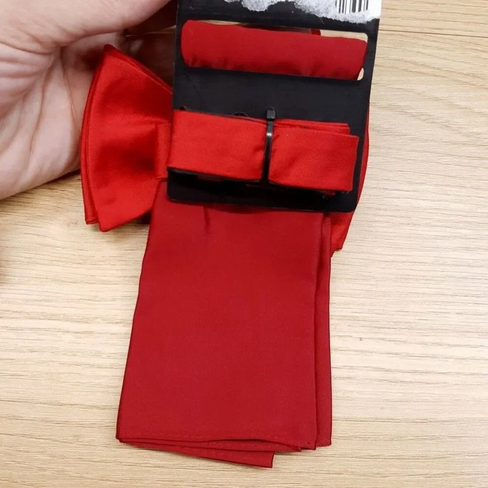ALFANI Mens Bow Tie & Pocket Square Solid Red Satin Pre-Tied Set